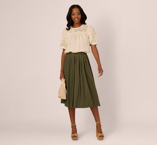 adrianna papell Micropleated Printed A Line Midi Skirt In Olivine