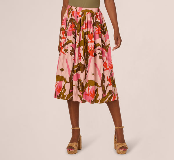 Adrianna Papell Micropleated Printed A Line Midi Skirt In Pale Mauve Botanic Flora