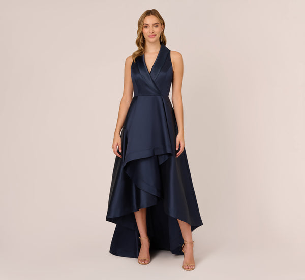 Adrianna Papell Mikado High/Low Midi-Length Tuxedo Gown In Midnight