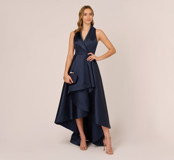 adrianna papell Mikado High/Low Midi-Length Tuxedo Gown In Midnight