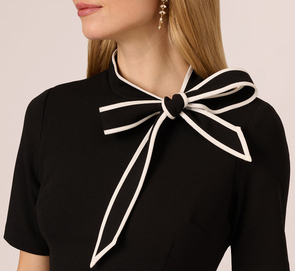 Adrianna Papell Mock Neck Dress With Contrasting Bowtie In Black Ivory