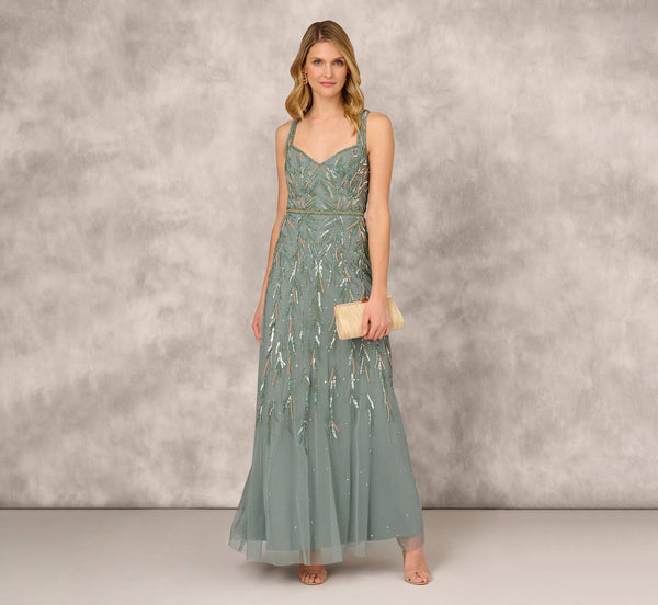 adrianna papell Multicolor Beaded Mermaid Gown With Sweetheart Neckline In Dark Sage
