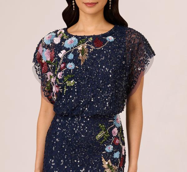 Adrianna Papell Multicolor Floral Beaded Mermaid Gown With Dolman Sleeves In Midnight Multi