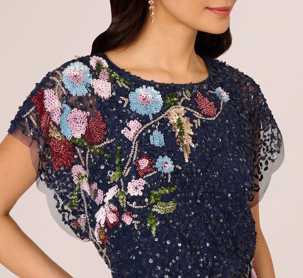 Adrianna Papell Multicolor Floral Beaded Mermaid Gown With Dolman Sleeves In Midnight Multi