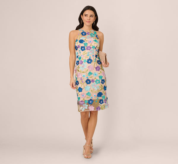 Adrianna Papell Multicolor Floral Embroidered Halter Midi Dress In Blue Multi