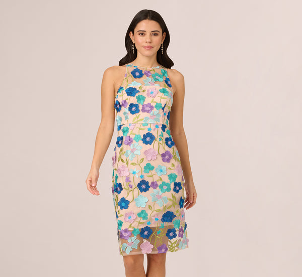 Adrianna Papell Multicolor Floral Embroidered Halter Midi Dress In Blue Multi