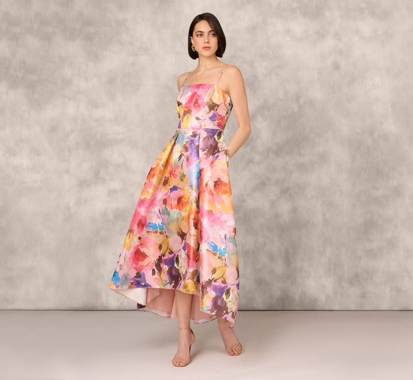 Adrianna Papell Multicolor Metallic Floral Print Jacquard High Low Gown With Pockets In Pink Multi