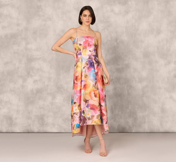 adrianna papell Multicolor Metallic Floral Print Jacquard High Low Gown With Pockets In Pink Multi
