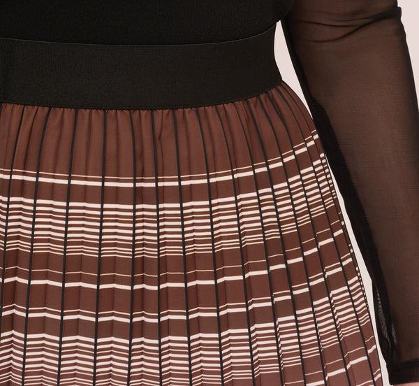 Adrianna Papell Multicolor Stripe Print Pleated Midi Skirt In Mocha Ivory Chevron Stripe