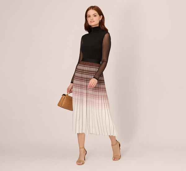 adrianna papell Multicolor Stripe Print Pleated Midi Skirt In Mocha Ivory Chevron Stripe