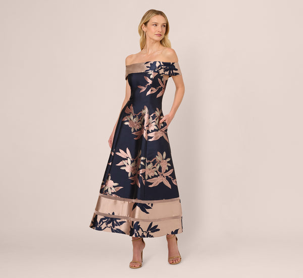 Adrianna Papell Off Shoulder 2 Tone Jacquard Fit And Flare Midi Dress In Navy Blush