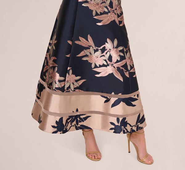 Adrianna Papell Off Shoulder 2 Tone Jacquard Fit And Flare Midi Dress In Navy Blush