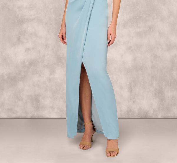 Adrianna Papell Off Shoulder Beaded Satin Combo Long Dress In Clear Water