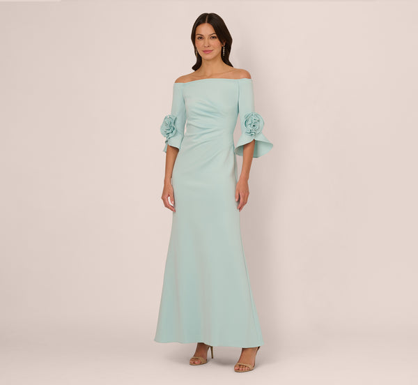 Adrianna Papell Off Shoulder Bell Sleeve Rosette Gown In Airy Aqua