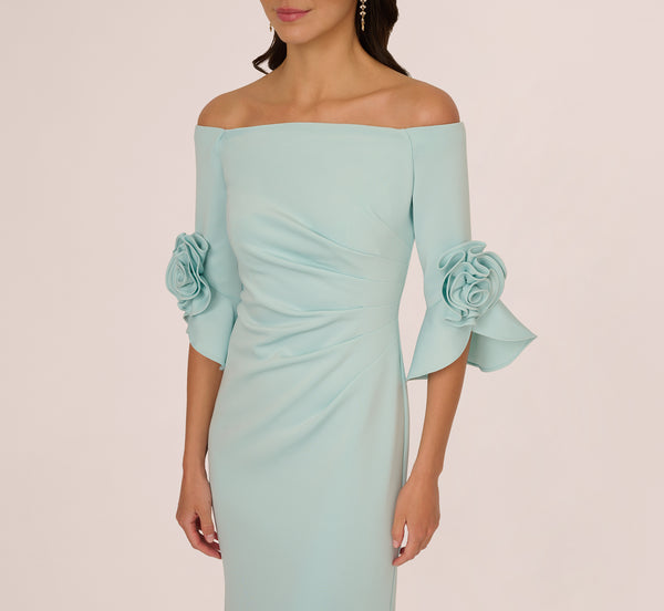 Adrianna Papell Off Shoulder Bell Sleeve Rosette Gown In Airy Aqua