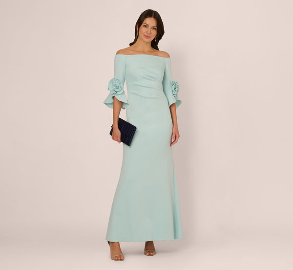 adrianna papell Off Shoulder Bell Sleeve Rosette Gown In Airy Aqua