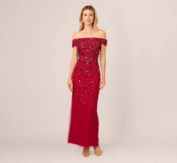Adrianna Papell Off Shoulder Dress With Floral Embellishment In Cranberry