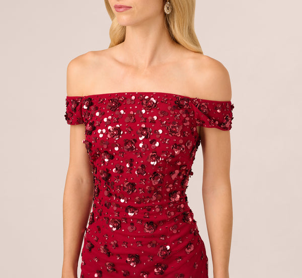 Adrianna Papell Off Shoulder Dress With Floral Embellishment In Cranberry