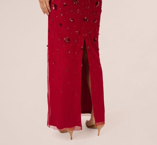 Adrianna Papell Off Shoulder Dress With Floral Embellishment In Cranberry