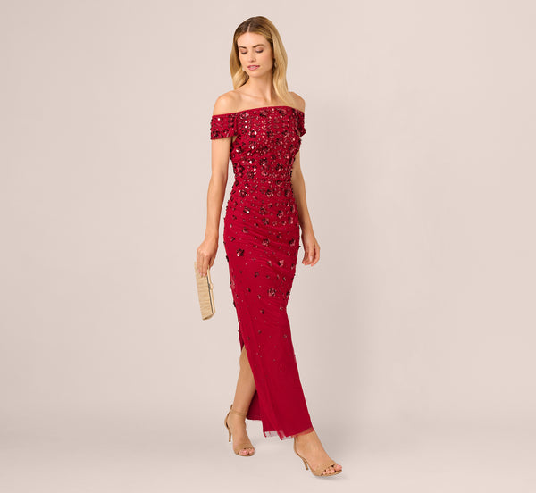 adrianna papell Off Shoulder Dress With Floral Embellishment In Cranberry adrianna papell Off Shoulder Dress With Floral Embellishment In Cranberry