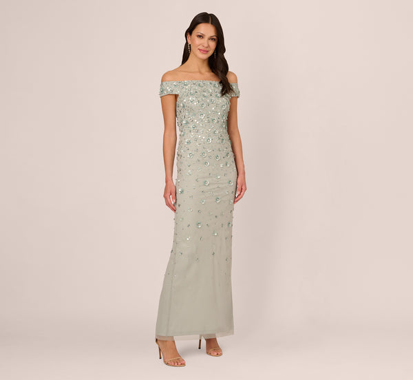Adrianna Papell Off Shoulder Dress With Floral Embellishment In Frosted Sage