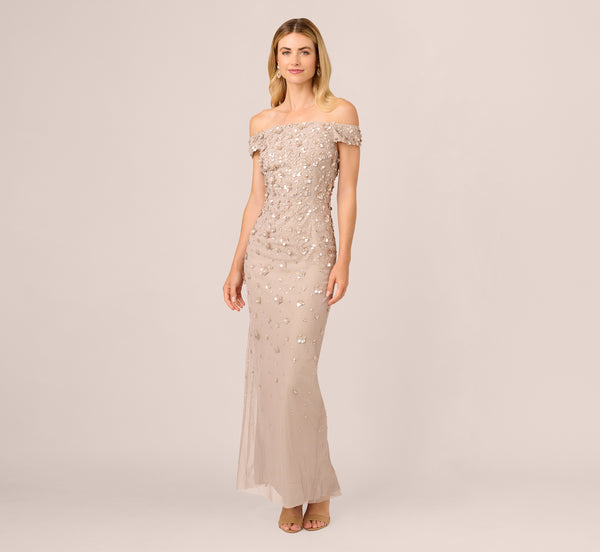 Adrianna Papell Off Shoulder Dress With Floral Embellishment In Marble