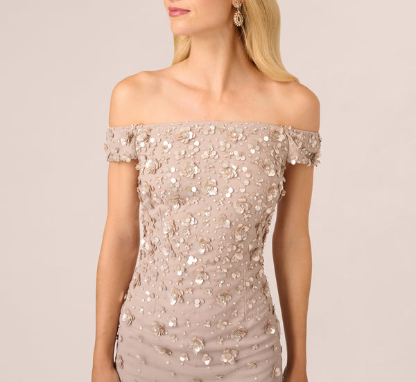 Adrianna Papell Off Shoulder Dress With Floral Embellishment In Marble