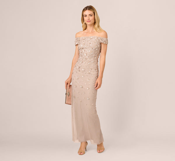 adrianna papell Off Shoulder Dress With Floral Embellishment In Marble adrianna papell Off Shoulder Dress With Floral Embellishment In Marble