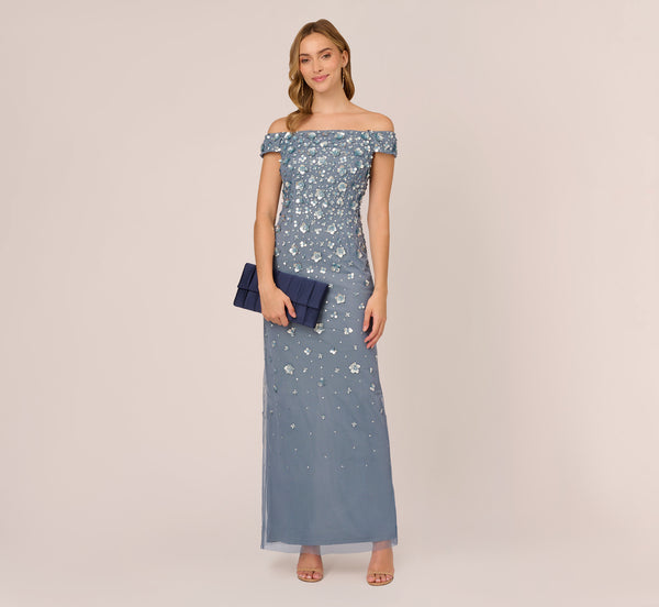 Adrianna Papell Off Shoulder Dress With Floral Embellishment In Vintage Blue