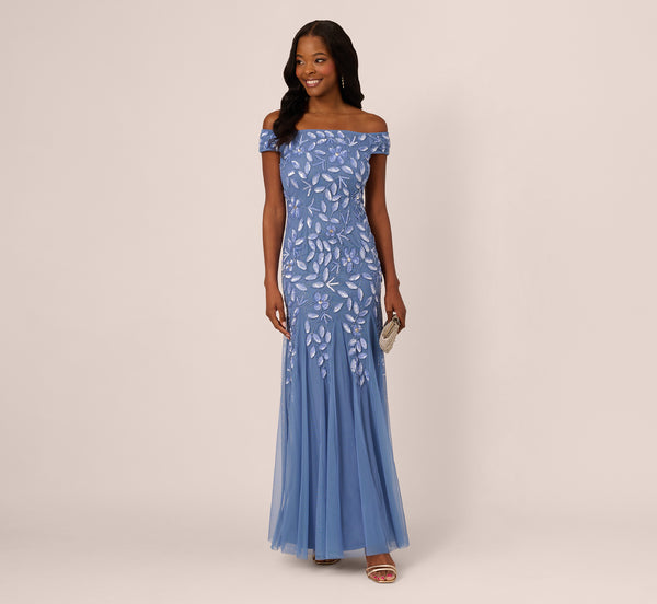 Adrianna Papell Off Shoulder Floral Beaded Godet Gown In French Blue