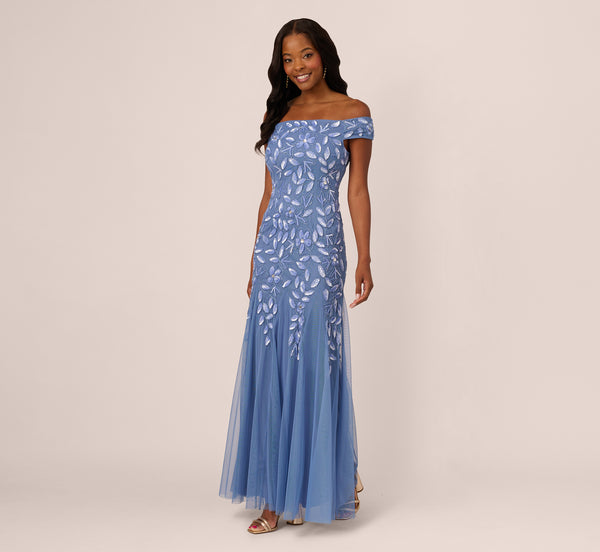 Adrianna Papell Off Shoulder Floral Beaded Godet Gown In French Blue