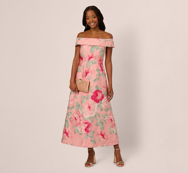 Adrianna Papell Off Shoulder Floral Jacquard Fit And Flare Gown In Pink Multi