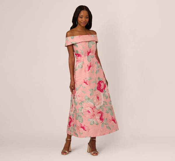 Adrianna Papell Off Shoulder Floral Jacquard Fit And Flare Gown In Pink Multi