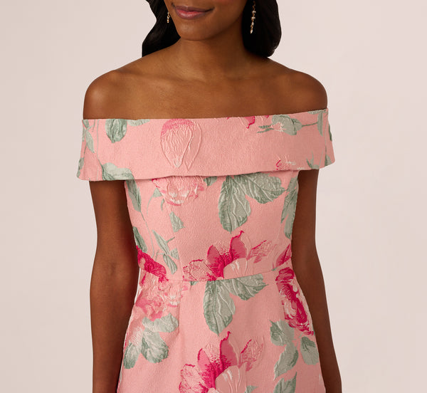 Adrianna Papell Off Shoulder Floral Jacquard Fit And Flare Gown In Pink Multi