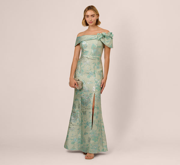 Adrianna Papell Off Shoulder Floral Jacquard Mermaid Gown In Icy Sage