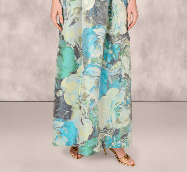 Adrianna Papell Off Shoulder Floral Jacquard Pleated Gown In Blue Multi
