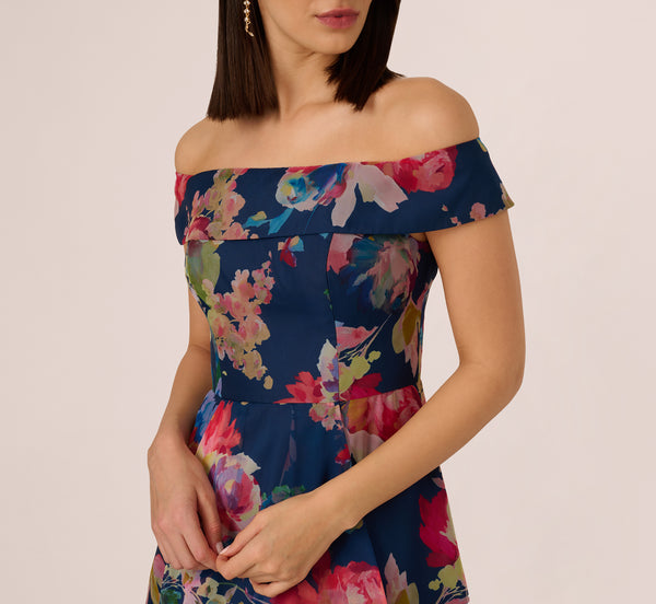 Adrianna Papell Off Shoulder Floral Organza High Low Dress In Navy Multi