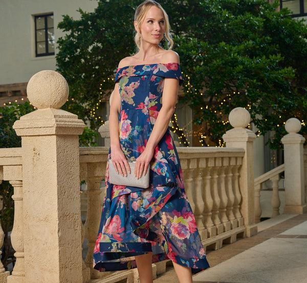 adrianna papell Off Shoulder Floral Organza High Low Dress In Navy Multi