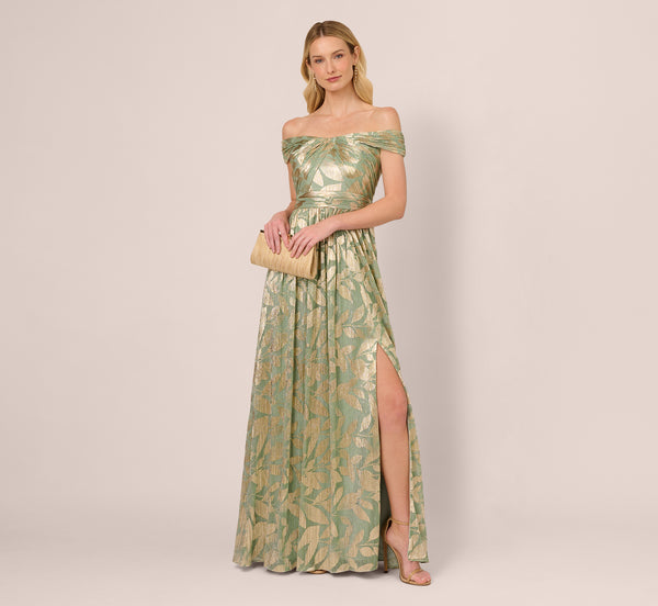 Adrianna Papell Off Shoulder Foil Leaf Crinkle Gown In Sage Gold