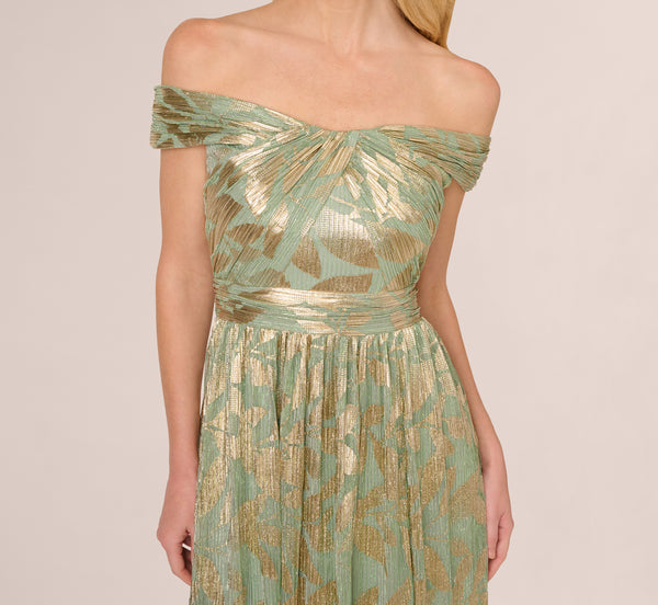Adrianna Papell Off Shoulder Foil Leaf Crinkle Gown In Sage Gold
