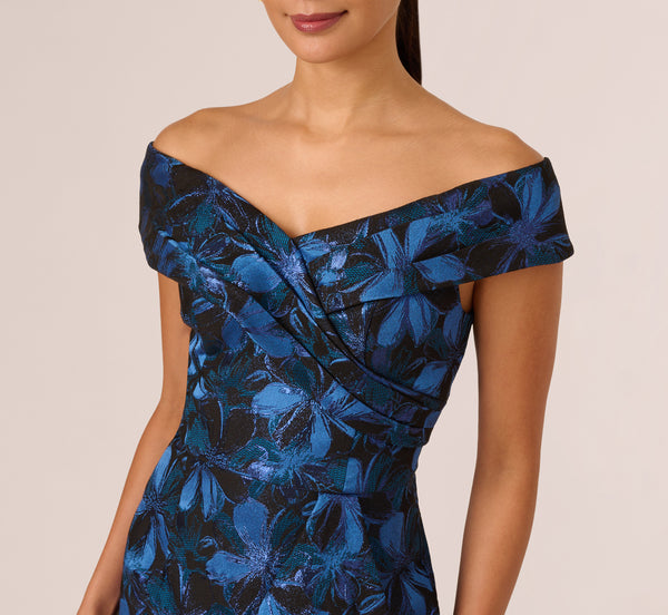 Adrianna Papell Off Shoulder Jacquard Gown In Blue Multi