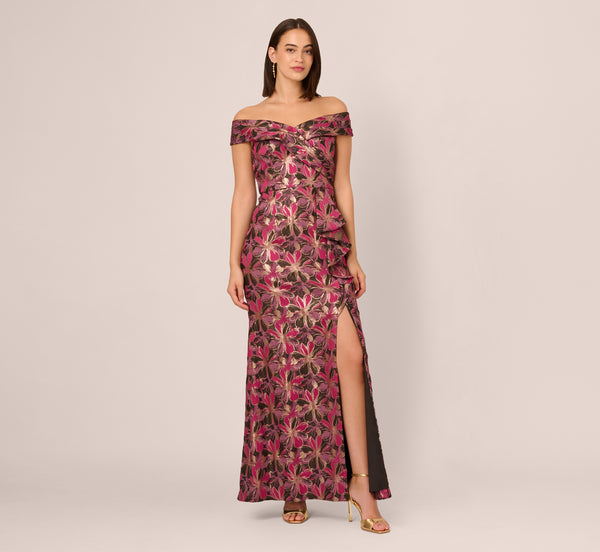 Adrianna Papell Off Shoulder Jacquard Gown In Fuchsia Multi