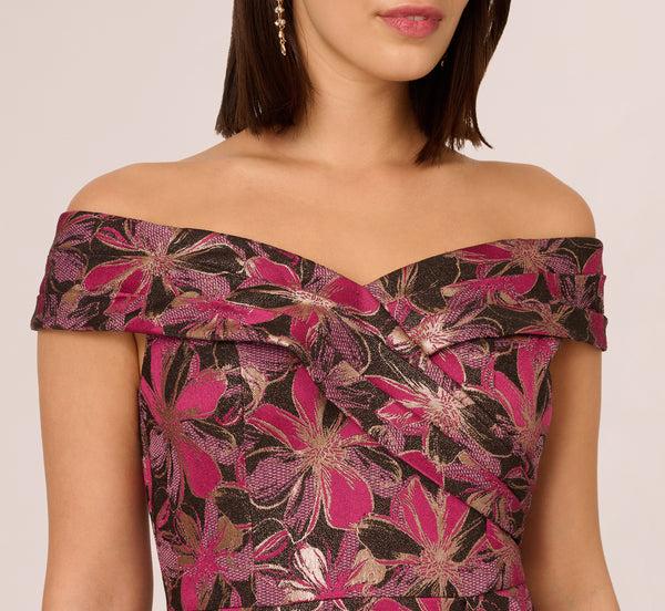 Adrianna Papell Off Shoulder Jacquard Gown In Fuchsia Multi