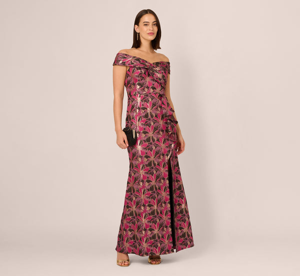 adrianna papell Off Shoulder Jacquard Gown In Fuchsia Multi