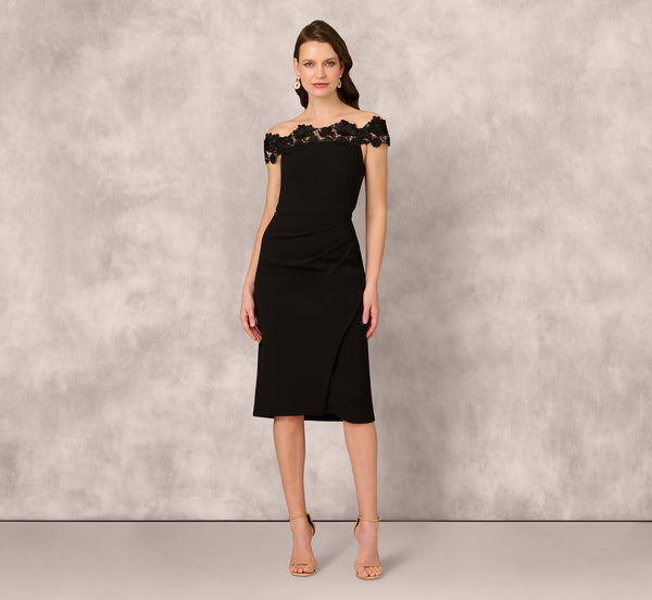 Adrianna Papell Off Shoulder Lace Trim Midi Sheath Dress In Black