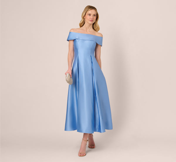 Adrianna Papell Off Shoulder Mikado Fit And Flare Midi Dress In Bluebell