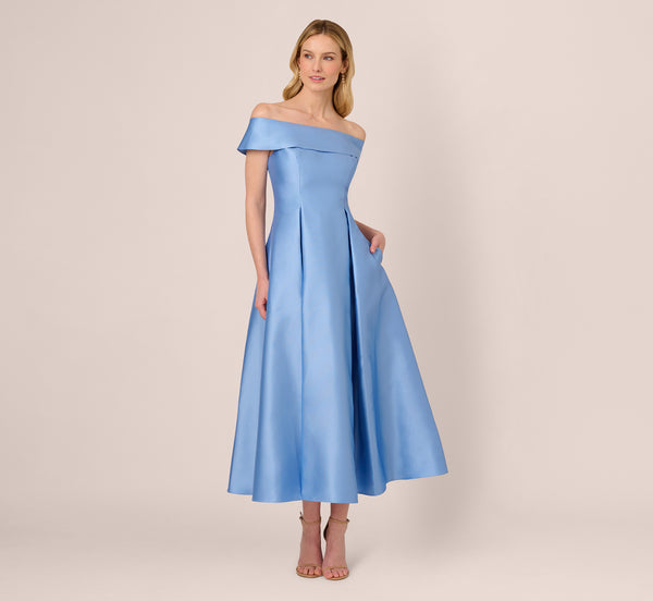 Adrianna Papell Off Shoulder Mikado Fit And Flare Midi Dress In Bluebell