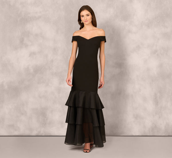 Adrianna Papell Off Shoulder Organza Flounce Mermaid Gown In Black