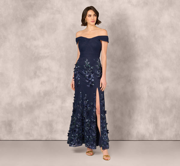 Adrianna Papell Off Shoulder Sequin Embroidery Mermaid Gown In Navy