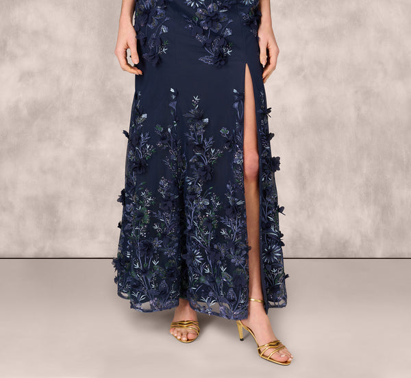 Adrianna Papell Off Shoulder Sequin Embroidery Mermaid Gown In Navy